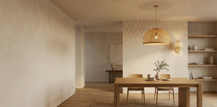 Woven pendant ceiling light glowing warmly