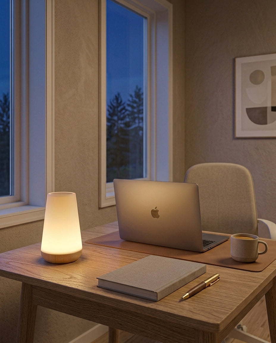 Colour-changing touch night light glowing on a desk beside a laptop