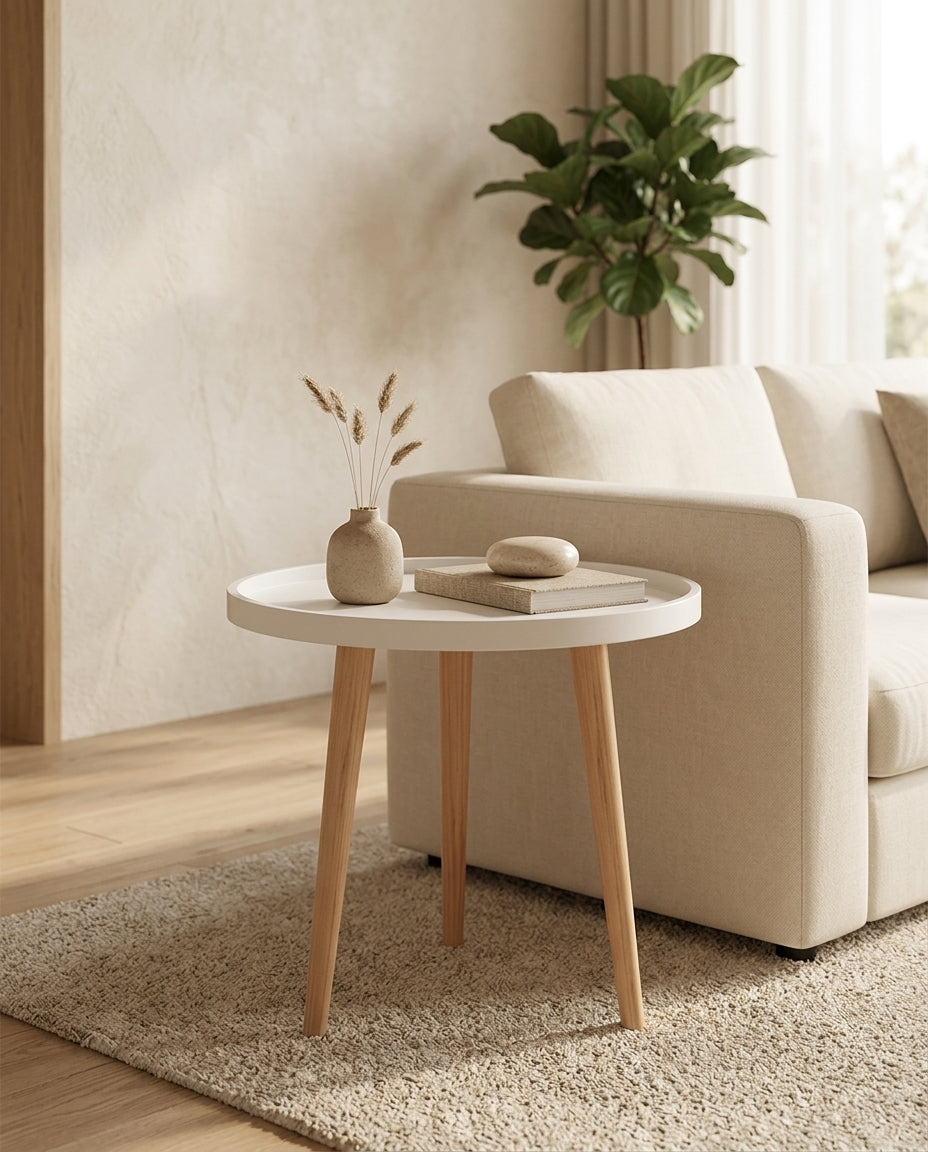 Round Side Table with Wooden Tray