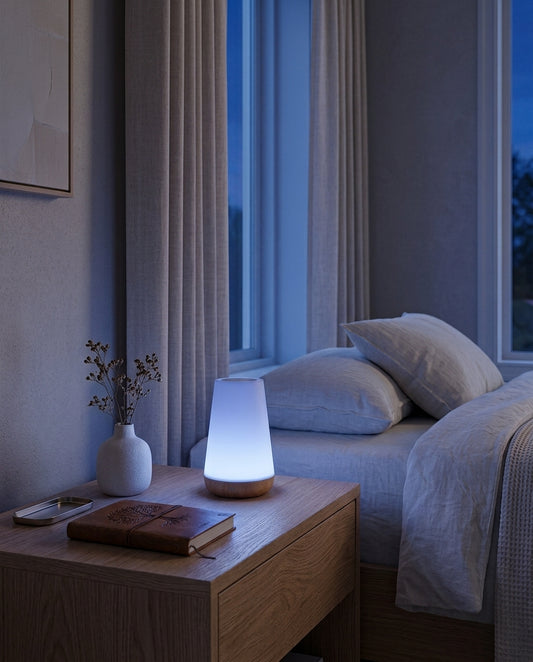 Colour-changing touch night light glowing warm on a nightstand beside a bed