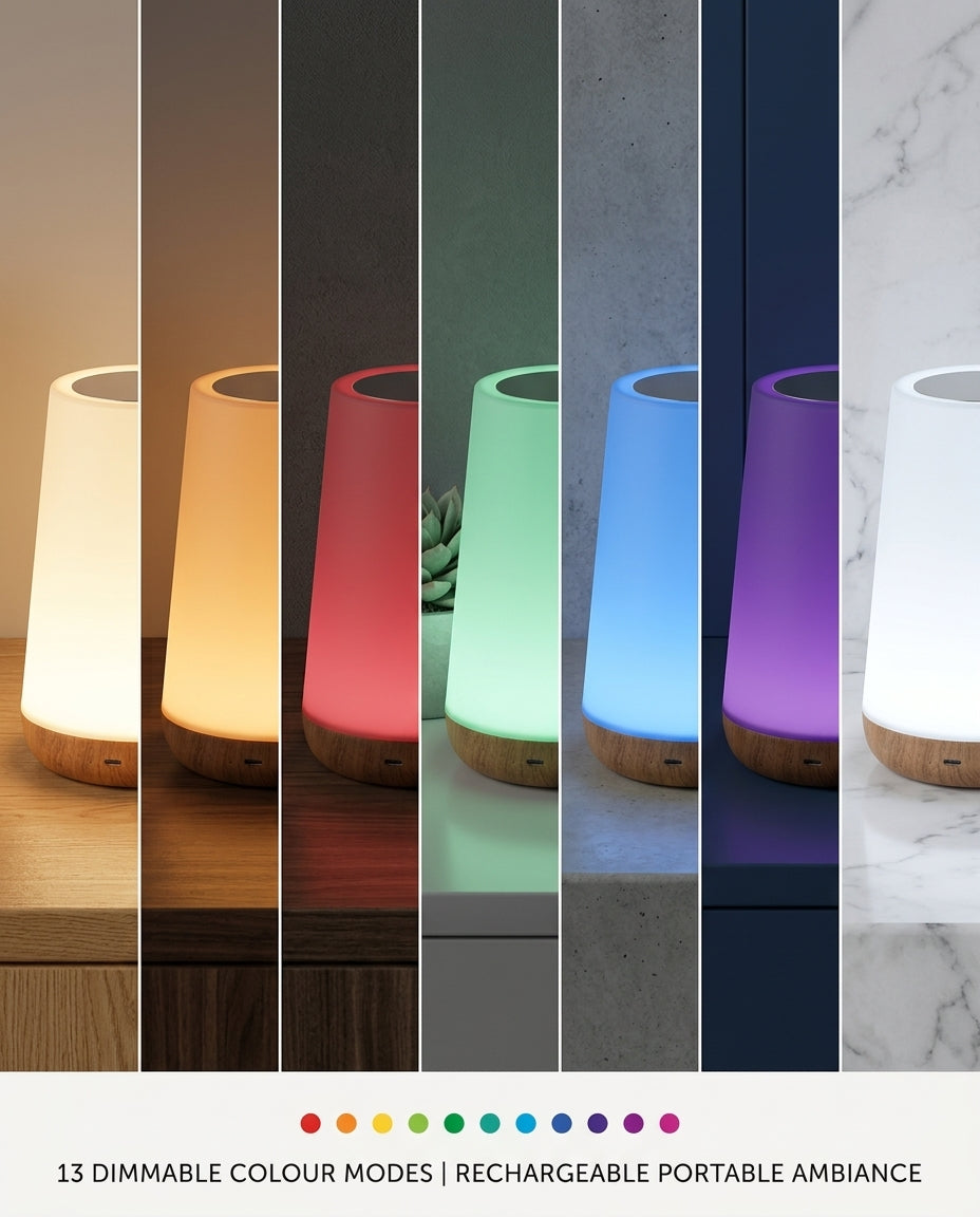 Row of night lights in different colours showing the 13 dimmable colour modes