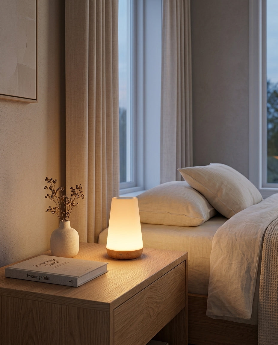 Colour-changing touch night light glowing on a nightstand with soft bedroom lighting