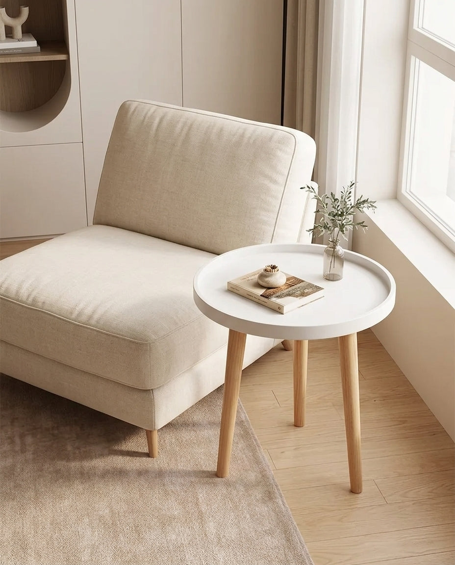 Round Side Table with Wooden Tray