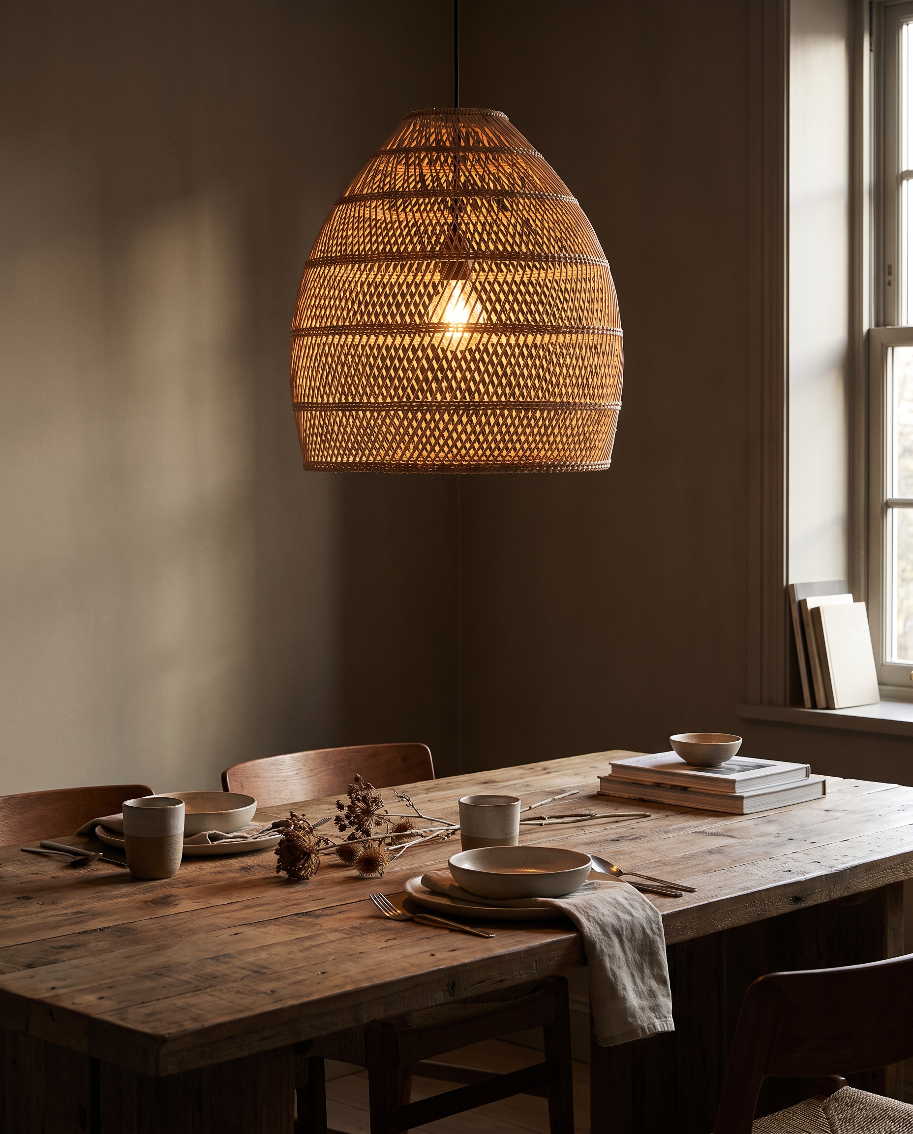 Pendant light glowing above a wooden dining table