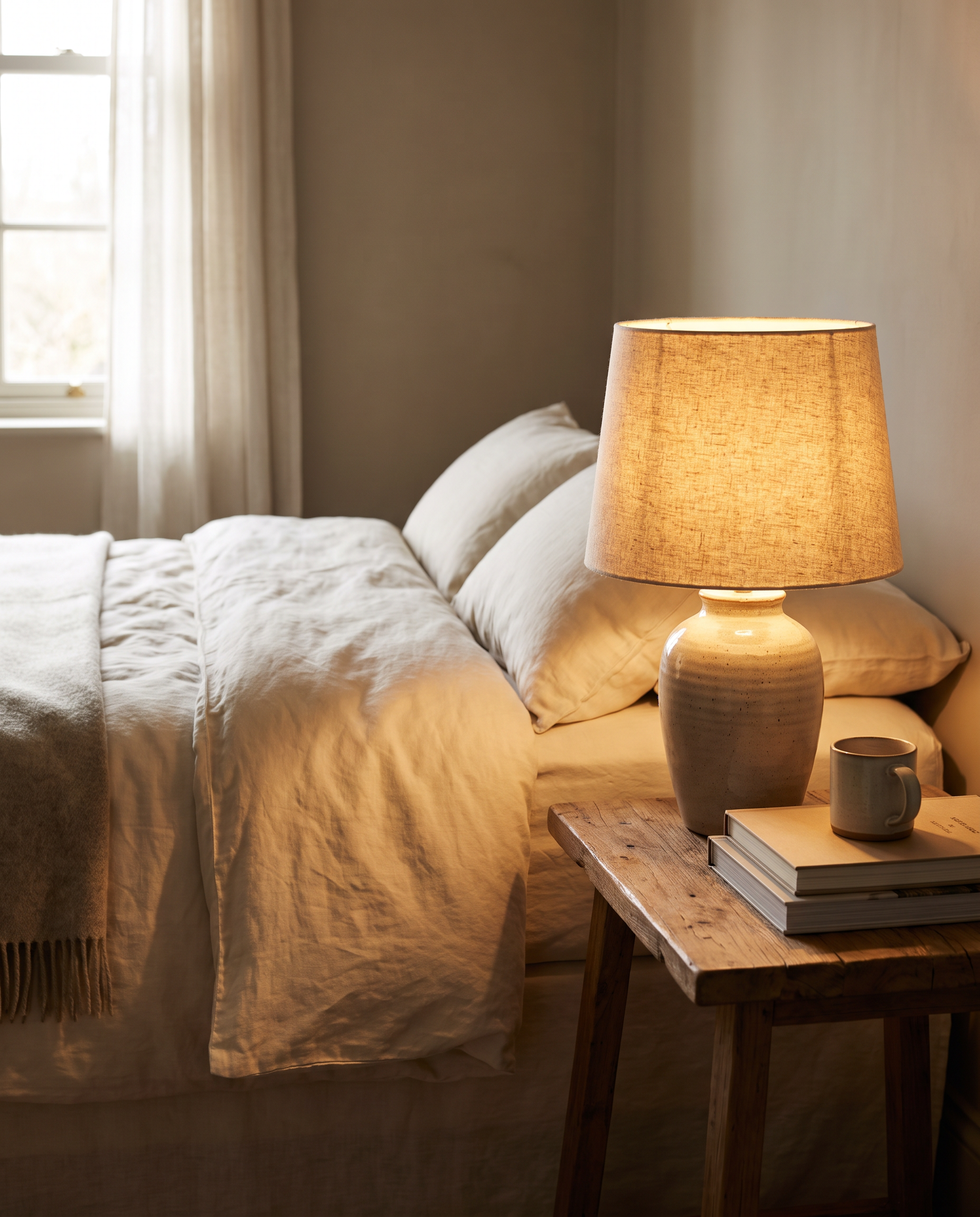 Ceramic table lamp glowing on a bedroom nightstand